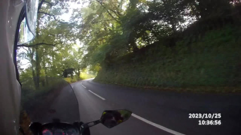 Enjoying the Bends on the B3212 between Dunsford and Exeter. Grandson Ed riding pillion.