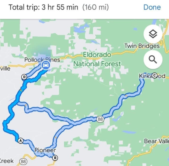 Quick round trip up and over the Sierra mountains past Kirkwood ski area to Caples Lake