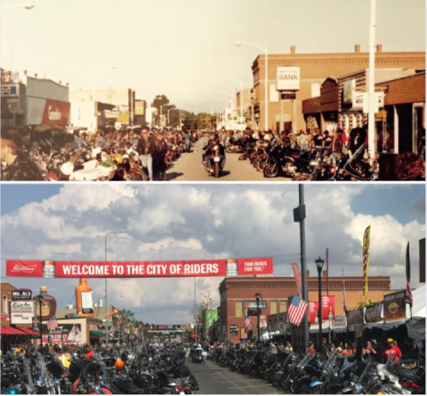 Sturgis main Street 35 years apart. 1982 and 2017