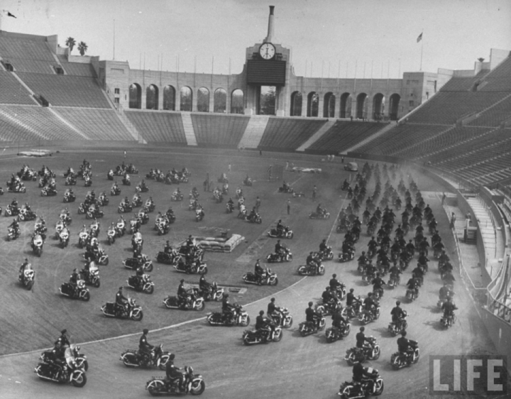 Los Angeles motorcycle police force during full scale inspection at coliseum.