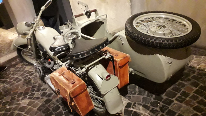 BMW motorcycle with sidecar at the Warsaw Uprising Museum.