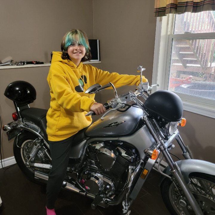 So my daughter wants to follow in her father's footsteps but she needs her own bike