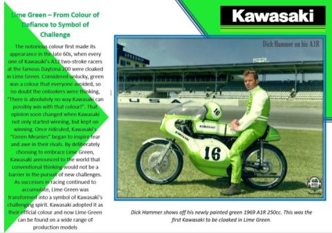 Kawasaki is the only manufacturer to ''own'' a colour based on a reason...