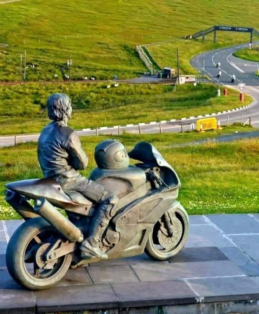 Joey Dunlop sculpture at Bungalow Bend, TT Course, Isle of Man.