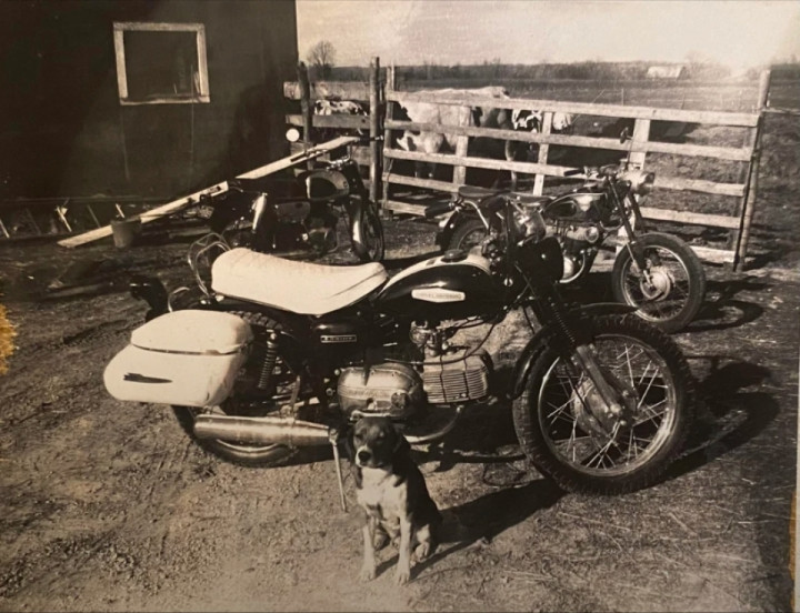 A classic shot of my grandfather's Harley-Davidson Sprint from the late 1960s and his dog