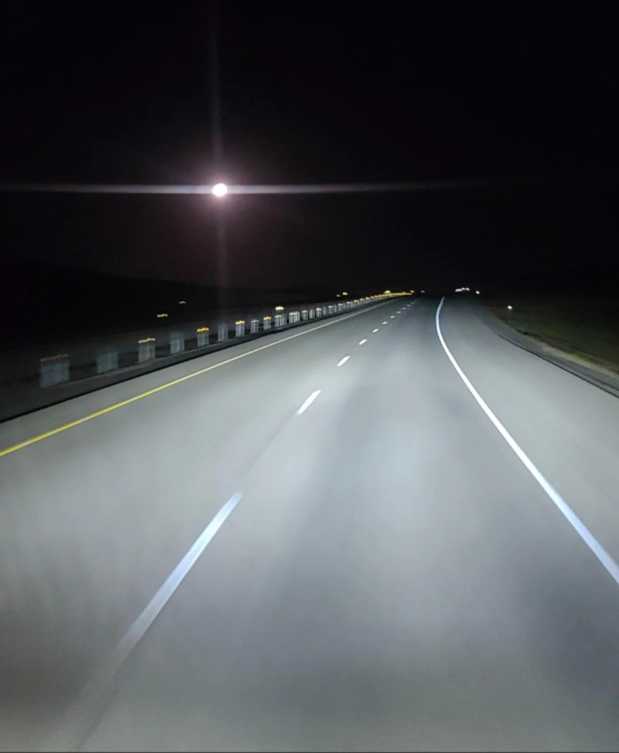 Night ride on I-90 West near Arvada, Wyoming