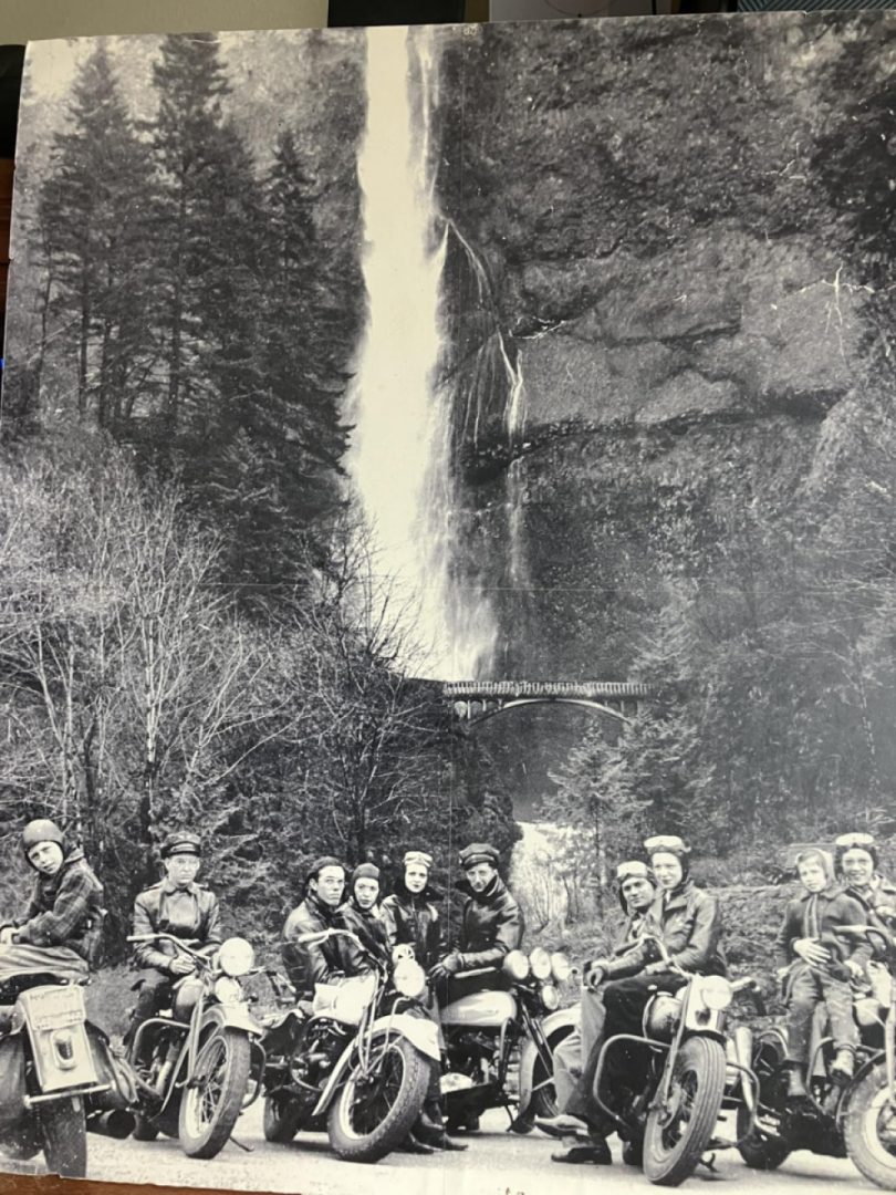 Bikers on Harleys and Indians at Multnomah Falls 1943