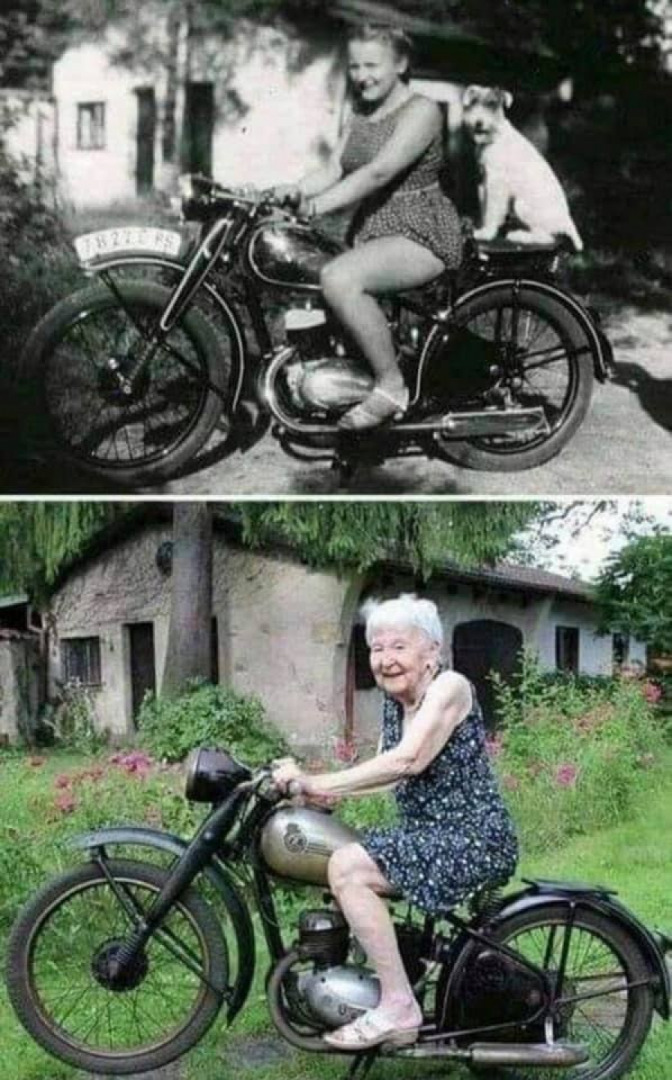 Same woman, same motorcycle…71 years apart.