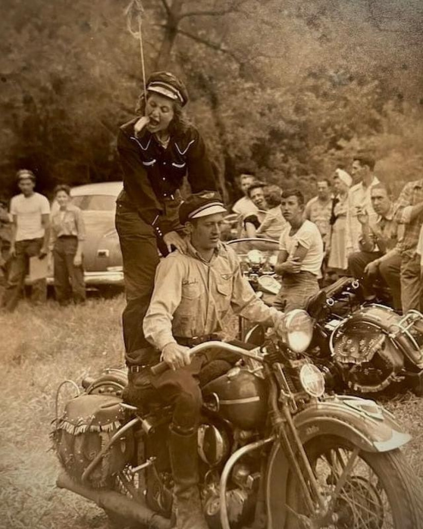 Field games during a motorcycle rally. Bike is a ‘46 knucklehead