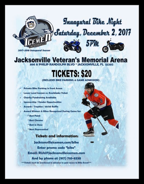 Jacksonville Icemen Inaugural Bike Night Sat Dec 2nd @ Jax Veterans Memorial Arena