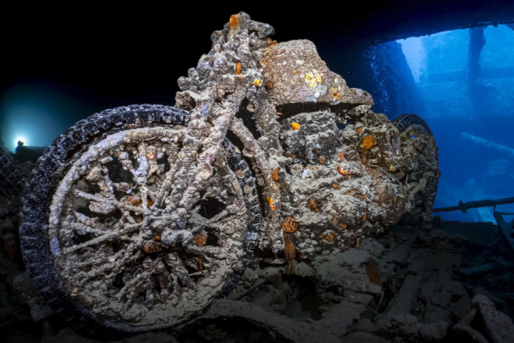 A motorcycle, photographed in the wreck of the SS Thistlegorm, that was sunk in the Red Sea in 1941