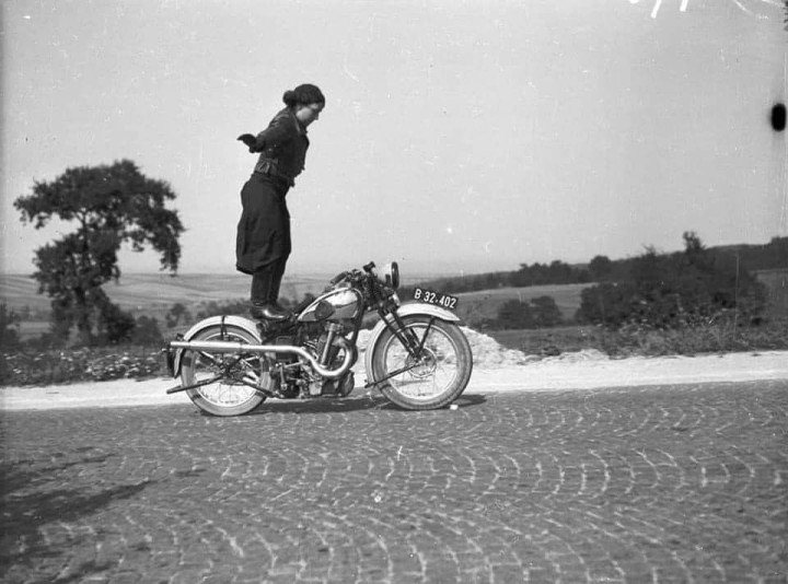 “Austrian dare devil Anny Deim, & her 1935 Calthorpe.”