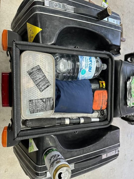 2litres water, two poles for tarp, 11’ catenary tarp,