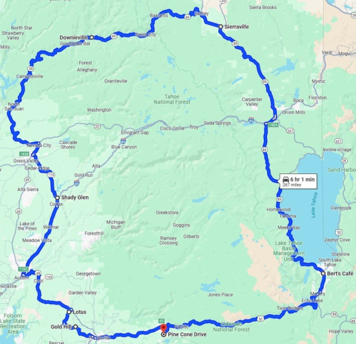 Sunday's ride - A 270 mile loop through the Sierra Mountains.