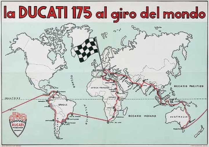 Leopoldo Tartarini and Giorgio Monetti rode Ducati 175 Tourismos across five continents.