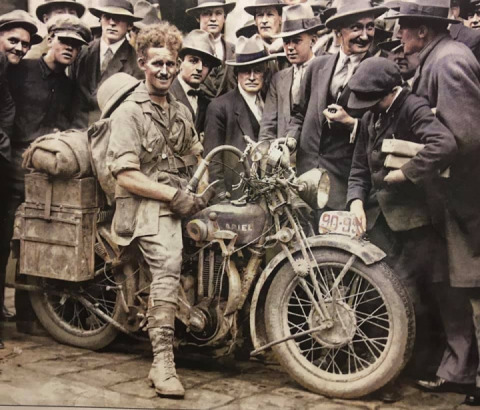 The first Australian to ride around the entire country in 1928 on an Aerial Sports Model “E”.