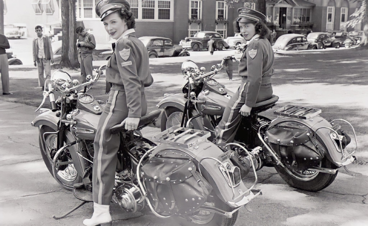 Dot Robinson and her daughter Betty at a 1947 motorcycle rally in Laconia, N.H.