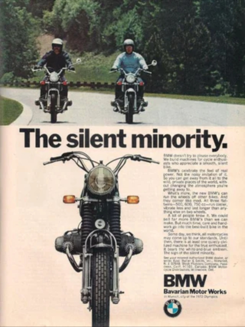 1971 BMW Flat Twin Motorcycles print ad 'The Silent Minority'