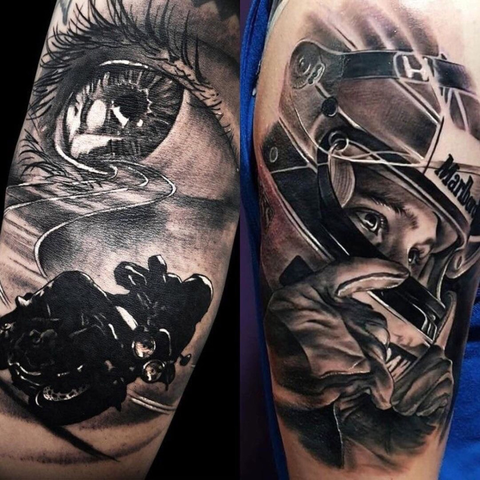 Biker full arm sleeve tattoo | Black and grey tattoos sleeve, Sleeve tattoos,  Grey tattoo