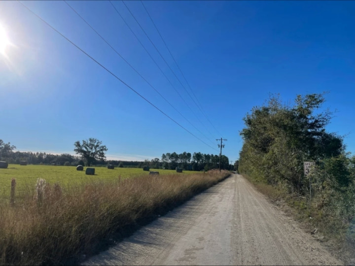 Morning rise hay bales in field and a dirt road