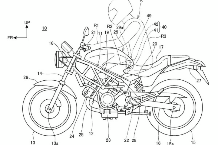 Hey, that's a VTR250! One embodiment of the detachable airbag device would fire from the front of the rider's seat. This illustration does a decent job of showing why riders might not be such a fan of the idea.
