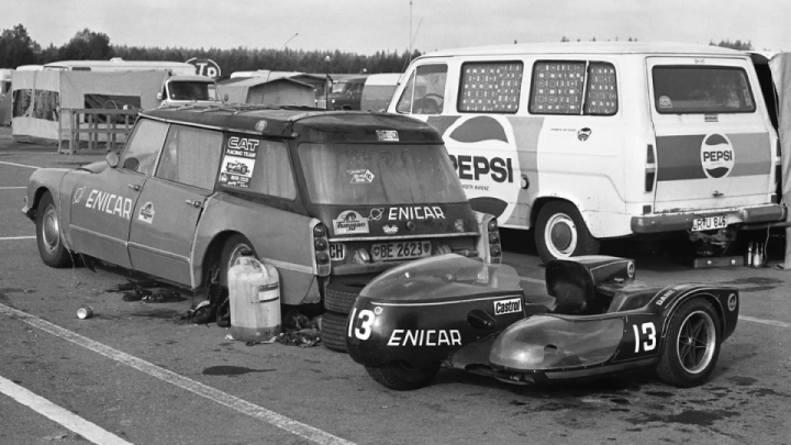 Sidecar of Rudi Kurth and Dane Rowe and the Citroen Estate that transported it