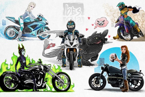 Russian illustrator gives Disney Princesses a smashing upgrade with motorcycles