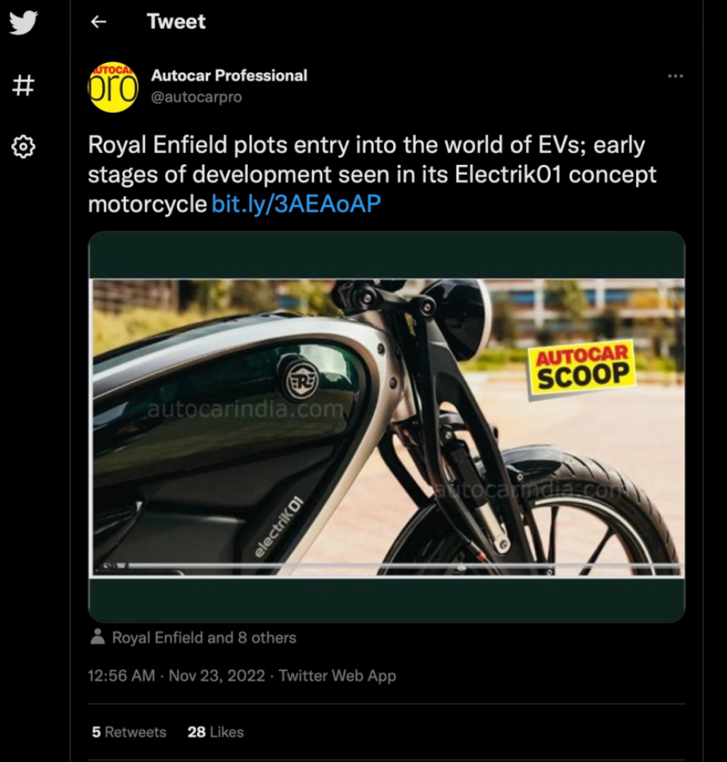 Royal Enfield's new electric motorcycle concept, leaked by AutoCarIndia. Media sourced from Twitter.
