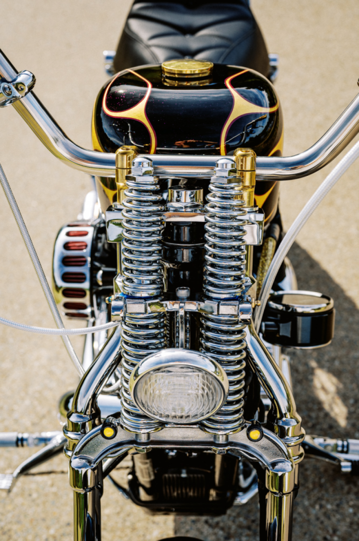 Front of the Zen Motorcycle’s 2015 Harley Sportster Chopper