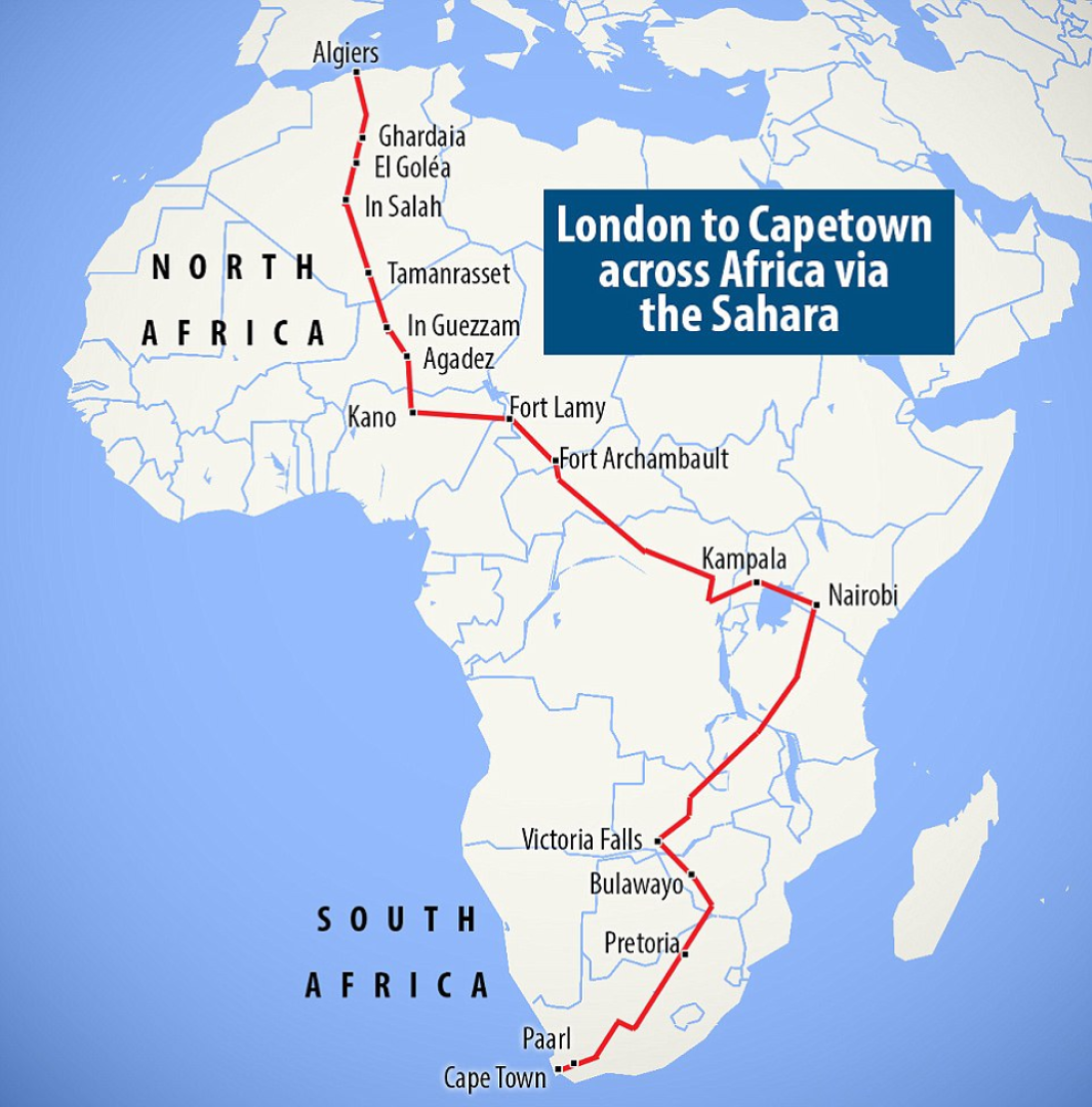 The journey across Africa began in Algiers, Algeria before crossing the Sahara and moving into Niger. The women then moved east through Uganda and Kenya before heading south to Victoria Falls and South Africa. They ended at the continent's base, in Cape Town