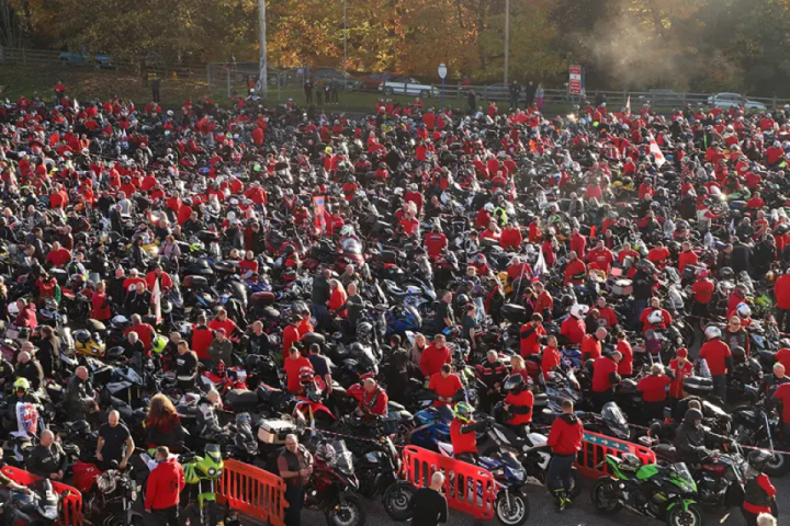 Thousands of motorcyclists form a Ring of Red around Manchester