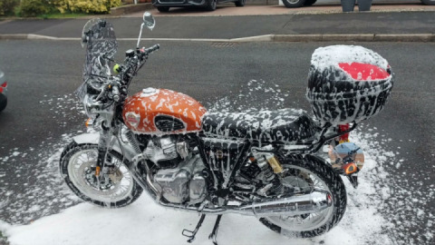 After 135 chilly miles on gritted roads yesterday, my interceptor 650 gets a well-earned bath.