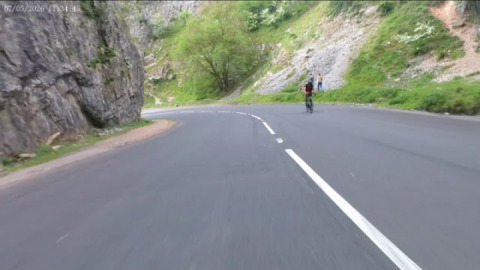 On my interceptor 650, riding the length of Cheddar gorge as it deepens then leads to the village.