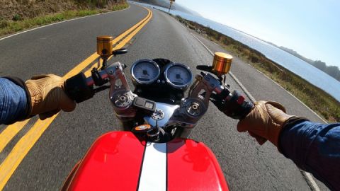 Riding The Ducati North of San Francisco into Stinson Beach.