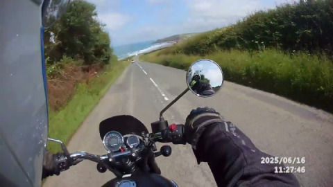 Bliss, a Royal Enfield Meteor 350 and widemouth bay.